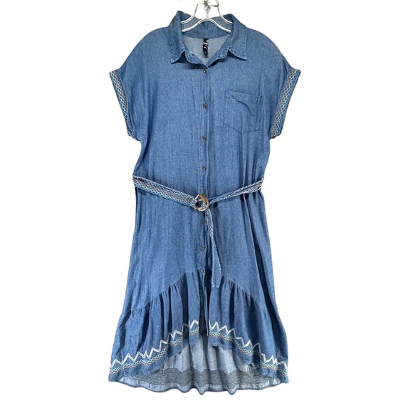 Red + Olive Denim Shirt Dress Women M Blue Belted Embroidered Hi Lo Boho Western - Picture 2 of 14